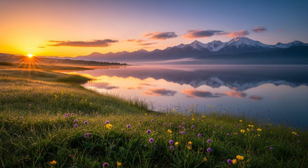 Mountain lake at sunset. Landscape with mountains, grass and flowers.の写真素材