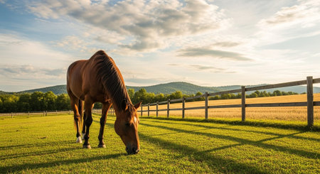 Traditional Farm Animals Grazing in Green Pasture at Sunset, Rural Countryside Landscape.の写真素材