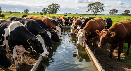 Traditional Farm Animals Grazing in Green Pasture at Sunset, Rural Countryside Landscape.の写真素材