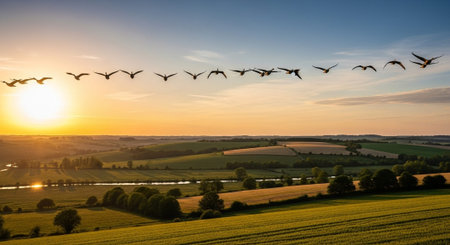 Traditional Farm Animals Grazing in Green Pasture at Sunset, Rural Countryside Landscape.の写真素材