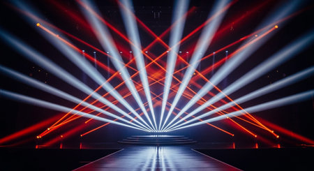 Luxury award ceremony stage background with golden spotlights, red carpet, crown, podium and elegant...