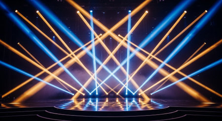 Luxury award ceremony stage background with golden spotlights, red carpet, crown, podium and elegant...