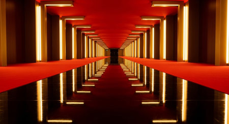 Luxury award ceremony stage background with golden spotlights, red carpet, crown, podium and elegant...