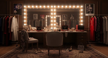 Luxury award ceremony stage background with golden spotlights, red carpet, crown, podium and elegant theater lighting.の写真素材