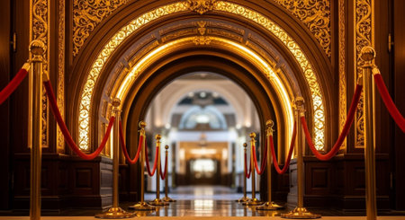 Luxury award ceremony stage background with golden spotlights, red carpet, crown, podium and elegant...