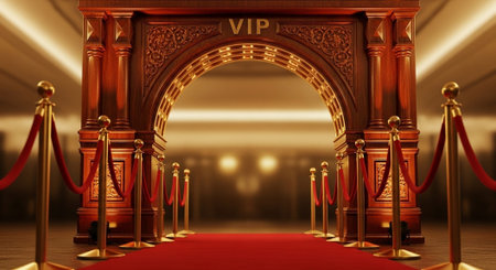 Luxury award ceremony stage background with golden spotlights, red carpet, crown, podium and elegant theater lighting.の写真素材