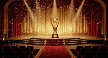 Luxury award ceremony stage background with golden spotlights, red carpet, crown, podium and elegant theater lighting.の写真素材