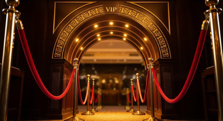 Luxury award ceremony stage background with golden spotlights, red carpet, crown, podium and elegant...