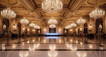 Luxury award ceremony stage background with golden spotlights, red carpet, crown, podium and elegant...