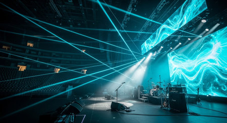 Luxury award ceremony stage background with golden spotlights, red carpet, crown, podium and elegant theater lighting.の写真素材