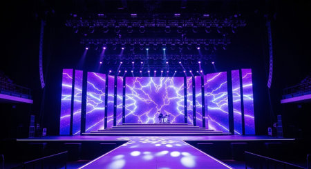 Luxury award ceremony stage background with golden spotlights, red carpet, crown, podium and elegant...