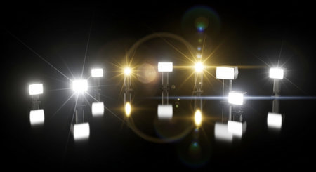 Luxury award ceremony stage background with golden spotlights, red carpet, crown, podium and elegant...