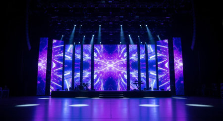 Luxury award ceremony stage background with golden spotlights, red carpet, crown, podium and elegant theater lighting.の写真素材