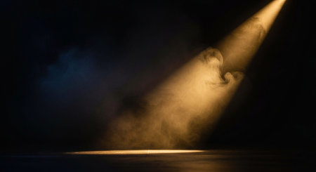 Luxury award ceremony stage background with golden spotlights, red carpet, crown, podium and elegant theater lighting.の写真素材