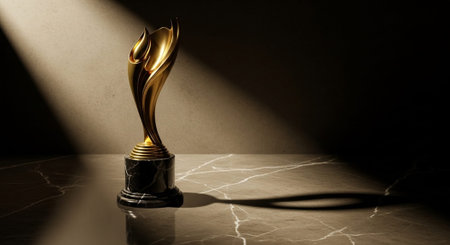 Luxury award ceremony stage background with golden spotlights, red carpet, crown, podium and elegant theater lighting.の写真素材