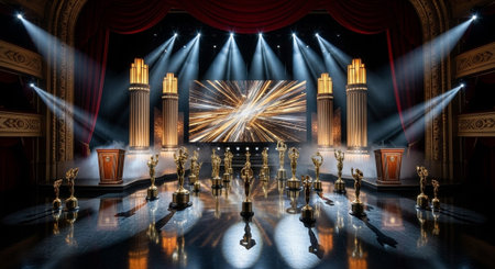 Luxury award ceremony stage background with golden spotlights, red carpet, crown, podium and elegant theater lighting.の写真素材