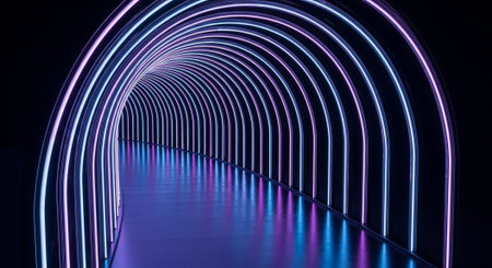 Luxury award ceremony stage background with golden spotlights, red carpet, crown, podium and elegant theater lighting.の写真素材