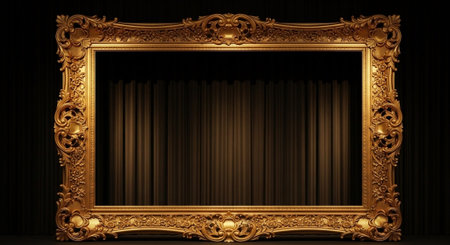 Luxury award ceremony stage background with golden spotlights, red carpet, crown, podium and elegant...