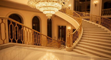 Luxury award ceremony stage background with golden spotlights, red carpet, crown, podium and elegant...