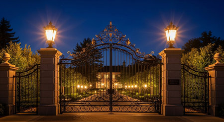 Luxury award ceremony stage background with golden spotlights, red carpet, crown, podium and elegant theater lighting.の写真素材