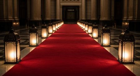 Luxury award ceremony stage background with golden spotlights, red carpet, crown, podium and elegant...