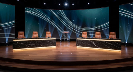 Luxury award ceremony stage background with golden spotlights, red carpet, crown, podium and elegant...