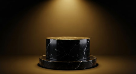 Luxury award ceremony stage background with golden spotlights, red carpet, crown, podium and elegant theater lighting.の写真素材