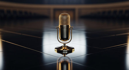 Luxury award ceremony stage background with golden spotlights, red carpet, crown, podium and elegant theater lighting.の写真素材