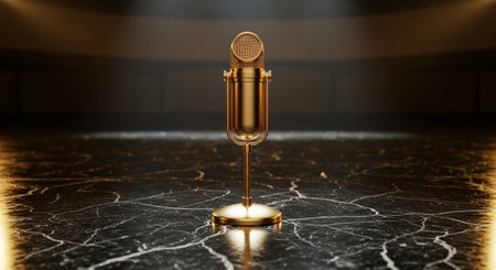 Luxury award ceremony stage background with golden spotlights, red carpet, crown, podium and elegant theater lighting.の写真素材