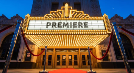Luxury award ceremony stage background with golden spotlights, red carpet, crown, podium and elegant theater lighting.の写真素材