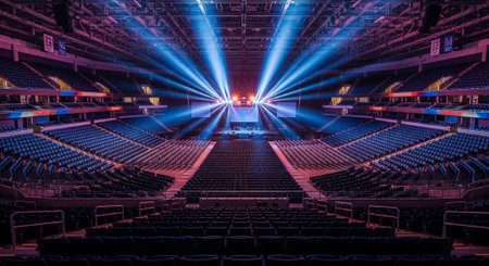 Luxury award ceremony stage background with golden spotlights, red carpet, crown, podium and elegant theater lighting.の写真素材