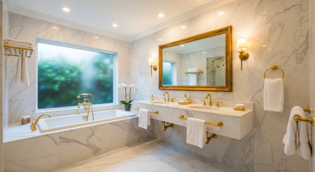 Luxury award ceremony stage background with golden spotlights, red carpet, crown, podium and elegant theater lighting.の写真素材