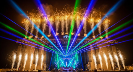 Luxury award ceremony stage background with golden spotlights, red carpet, crown, podium and elegant...