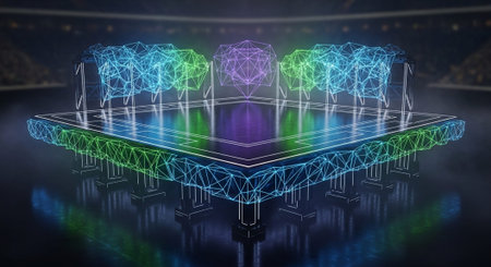 Luxury award ceremony stage background with golden spotlights, red carpet, crown, podium and elegant theater lighting.の写真素材