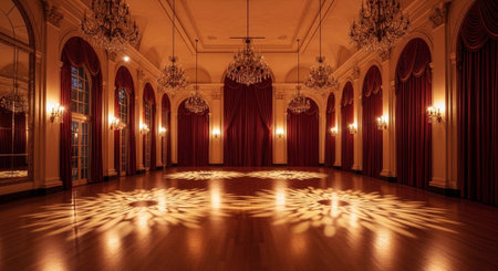 Luxury award ceremony stage background with golden spotlights, red carpet, crown, podium and elegant...
