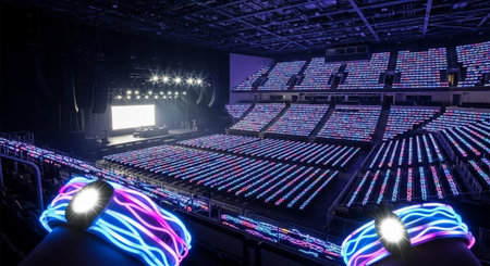 Luxury award ceremony stage background with golden spotlights, red carpet, crown, podium and elegant theater lighting.の写真素材