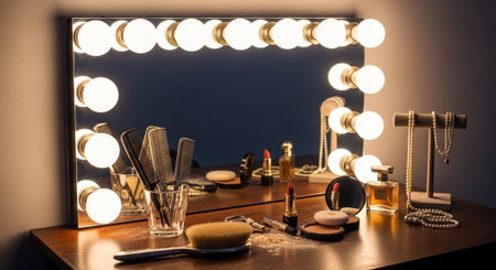 Luxury award ceremony stage background with golden spotlights, red carpet, crown, podium and elegant theater lighting.の写真素材