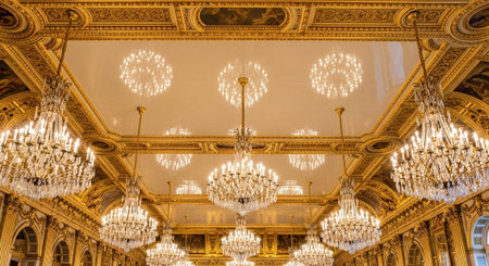 Luxury award ceremony stage background with golden spotlights, red carpet, crown, podium and elegant...