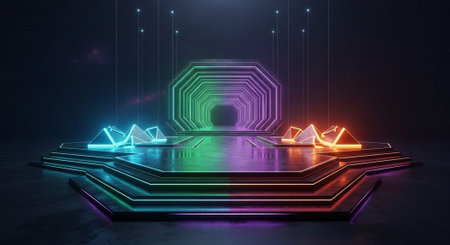 Luxury award ceremony stage background with golden spotlights, red carpet, crown, podium and elegant theater lighting.の写真素材