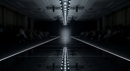 Luxury award ceremony stage background with golden spotlights, red carpet, crown, podium and elegant theater lighting.の写真素材