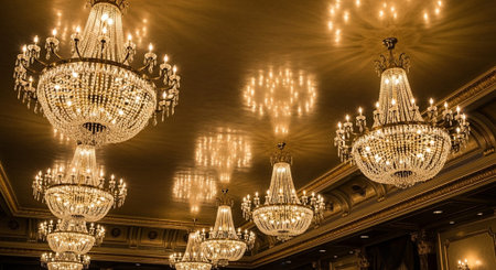 Luxury award ceremony stage background with golden spotlights, red carpet, crown, podium and elegant...
