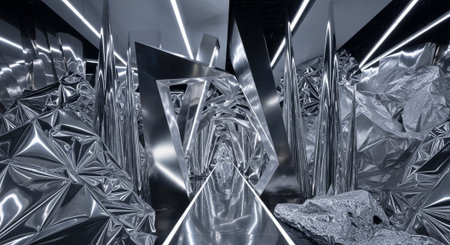 Luxury award ceremony stage background with golden spotlights, red carpet, crown, podium and elegant theater lighting.の写真素材