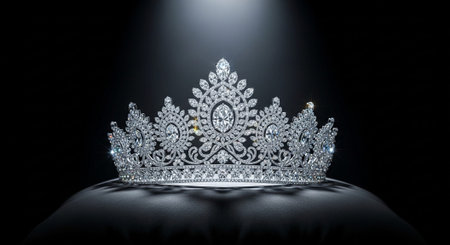 Luxury award ceremony stage background with golden spotlights, red carpet, crown, podium and elegant theater lighting.の写真素材