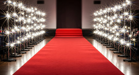 Luxury award ceremony stage background with golden spotlights, red carpet, crown, podium and elegant theater lighting.の写真素材