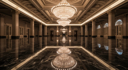 Luxury award ceremony stage background with golden spotlights, red carpet, crown, podium and elegant...