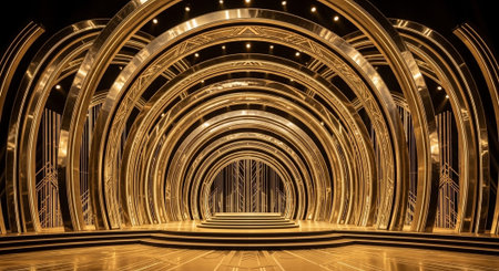 Luxury award ceremony stage background with golden spotlights, red carpet, crown, podium and elegant...