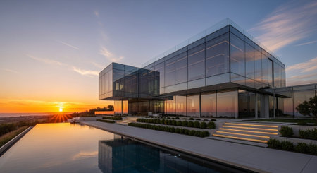 Luxury award ceremony stage background with golden spotlights, red carpet, crown, podium and elegant theater lighting.の写真素材