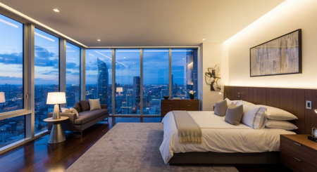 Luxury award ceremony stage background with golden spotlights, red carpet, crown, podium and elegant theater lighting.の写真素材