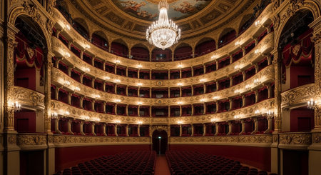 Luxury award ceremony stage background with golden spotlights, red carpet, crown, podium and elegant theater lighting.の写真素材