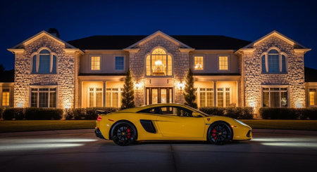 Luxury award ceremony stage background with golden spotlights, red carpet, crown, podium and elegant theater lighting.の写真素材